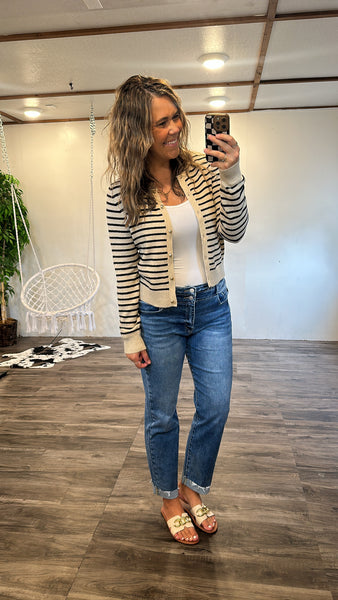 Striped Gold Button Cardigan (Taupe)