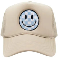 Khaki Checkered Smiley Trucker Hat