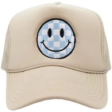 Khaki Checkered Smiley Trucker Hat