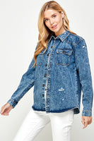 Distressed Longer Denim Jacket (Dark Blue)