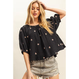 Embroidered Floral Black Top