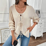 Tie Front Knit Cardigan Loose Fit Round Neck Sweater