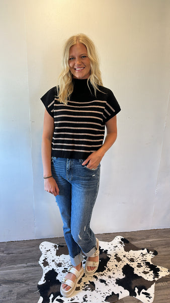 Mock Neck Striped Top (Black)