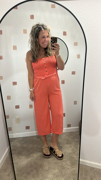 Smocked Coral Jumpsuit
