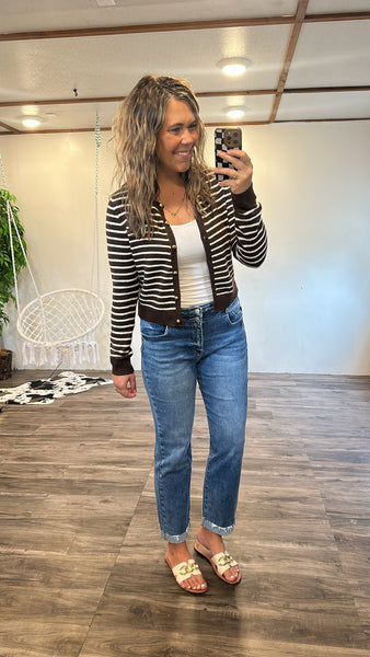 Striped Gold Button Cardigan (Brown)