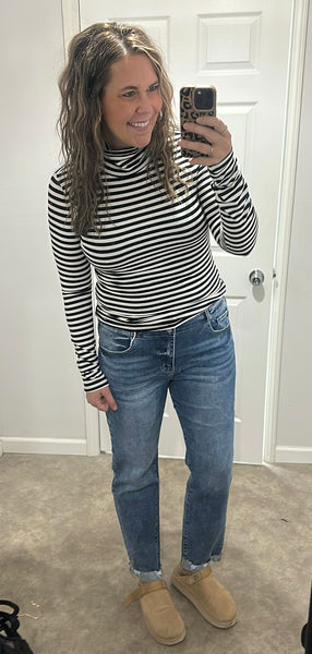 Striped Turtleneck Long Sleeve Top (Black)