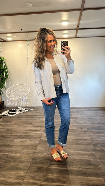 Striped Button Up Khaki Top