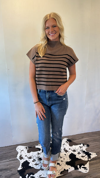 Mock Neck Striped Top (Brown)